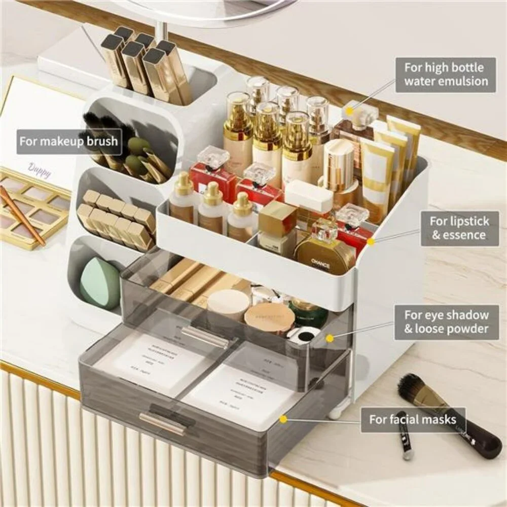 Makeup Organizer with Drawers Vanity Cosmetic Storage Box Brush Holder Skincare
